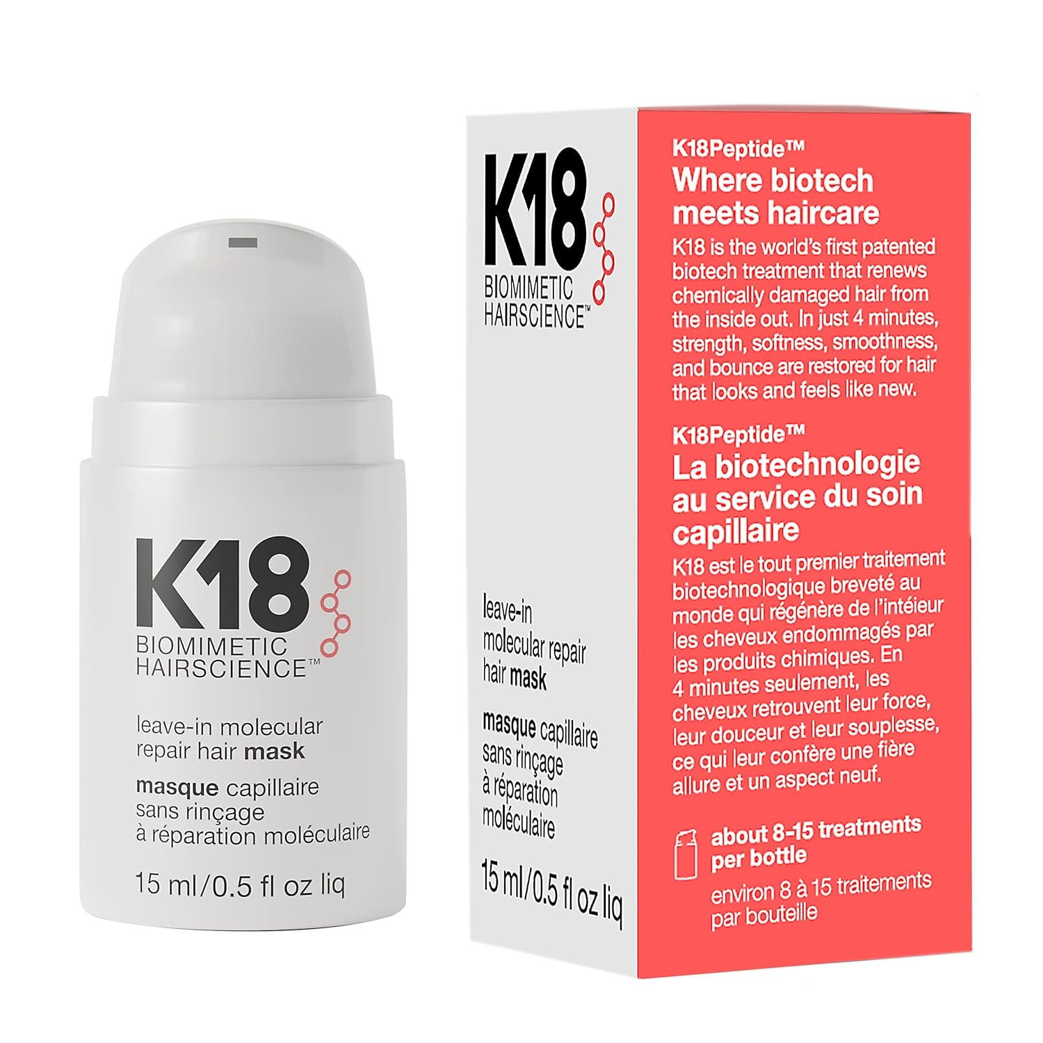 K18 Leave-In Molecular Hair Mask, Repairs Dry or Damaged Hair.