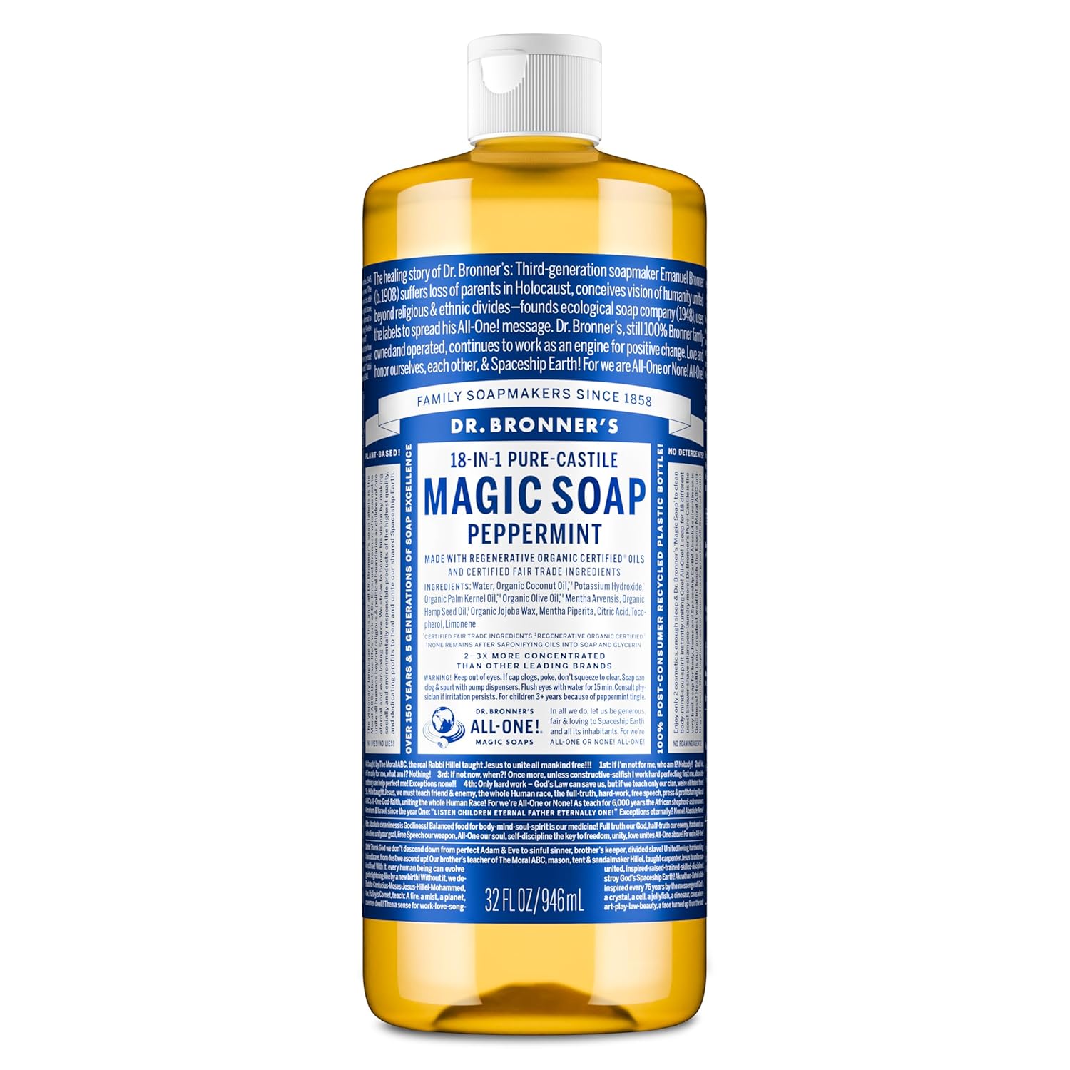 Dr. Bronner's Pure-Castile Magic Liquid Soap - Made with Regenerative Organic Certified Oils- 18-in-1 Uses for Face, Body,
