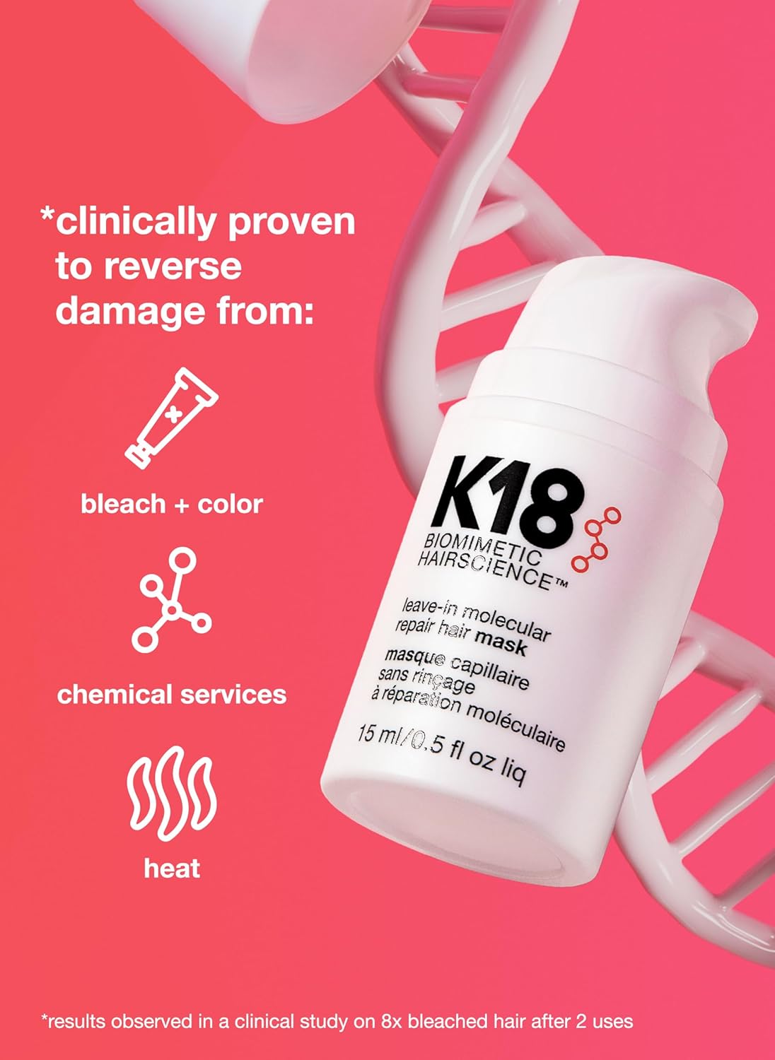 K18 Leave-In Molecular Hair Mask, Repairs Dry or Damaged Hair.